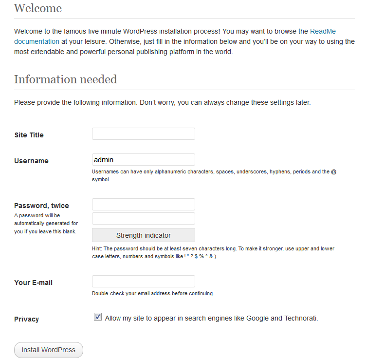 Stap 5 WordPress Installatie Stap 5 WordPress Installatie